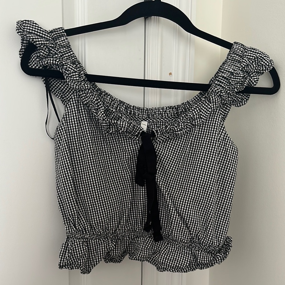Zara Black and White Checkered Ruffle Blouse